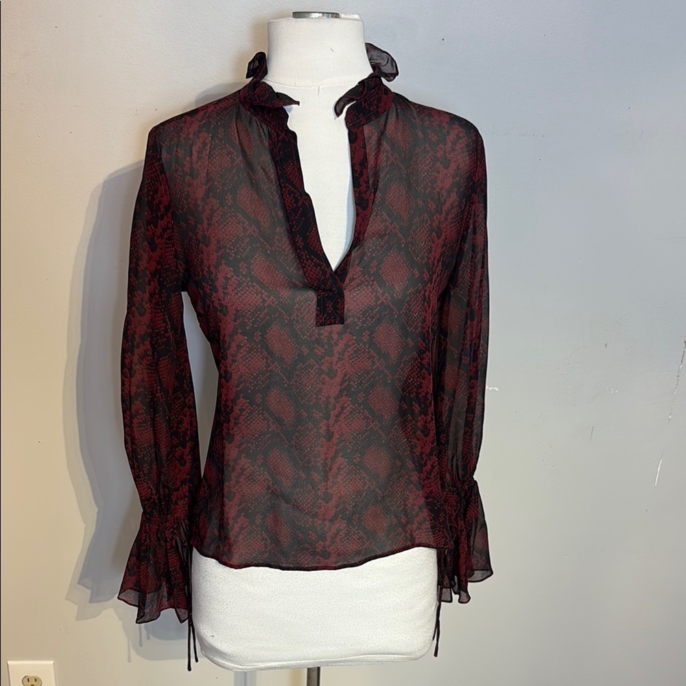 Nili Lotan Black and Red Tie Front Blouse with Bishop Sleeves size xs